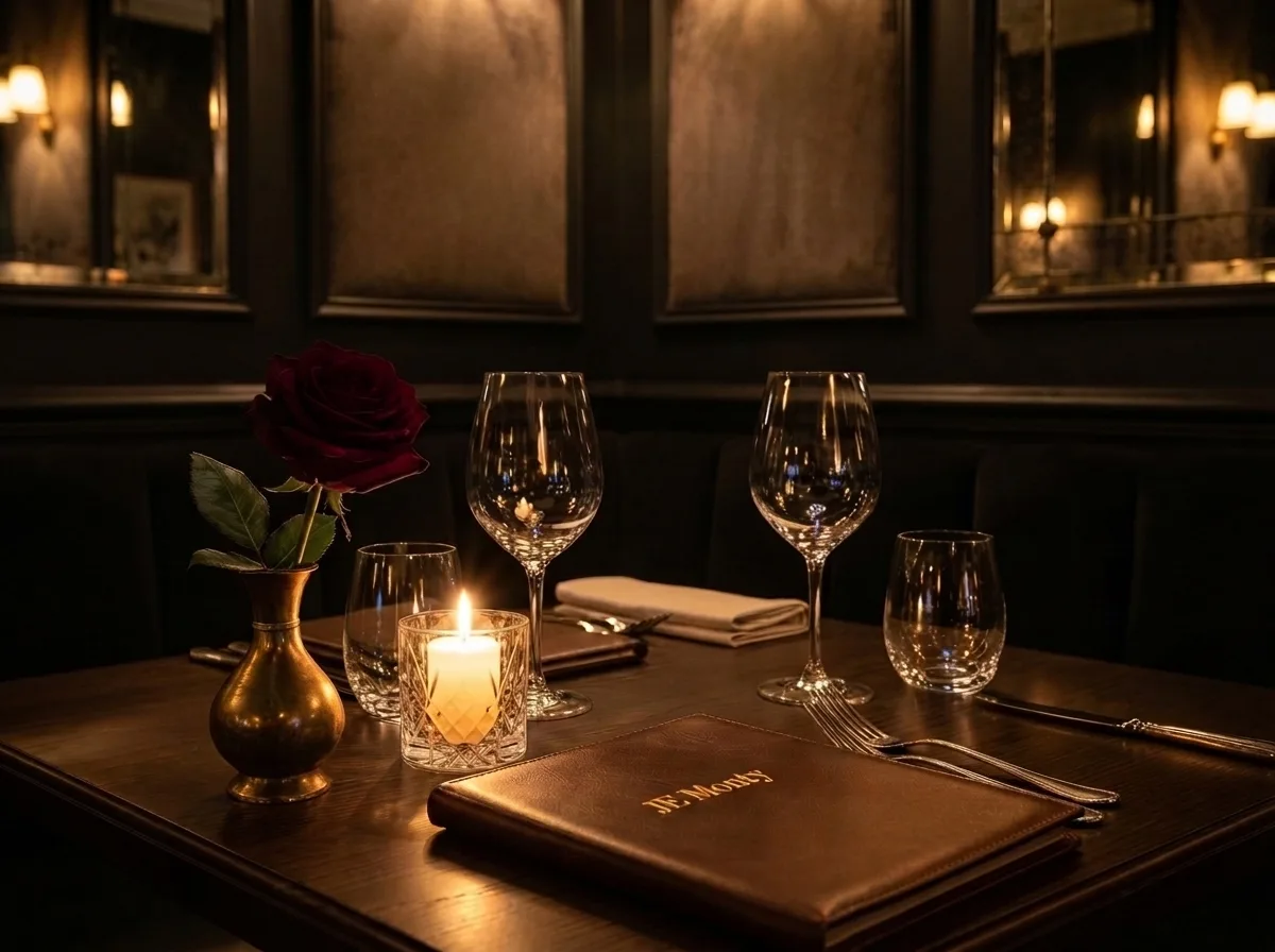 Une table dressée pour deux à la bougie : une rose pourpre dans un vase de laiton, des verres en cristal taillé et la carte en cuir de la maison