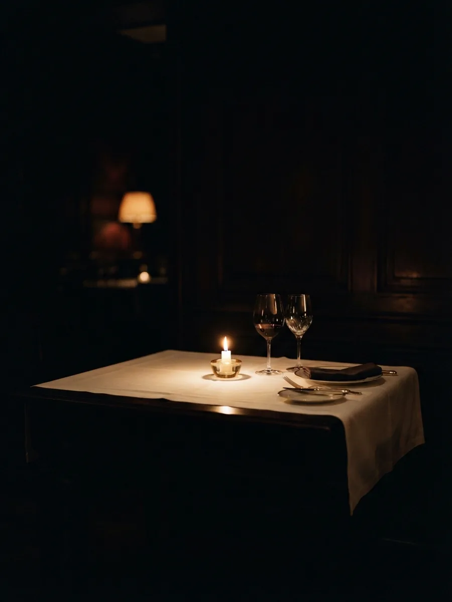 Une table dressée de lin blanc, à la bougie, dans la salle