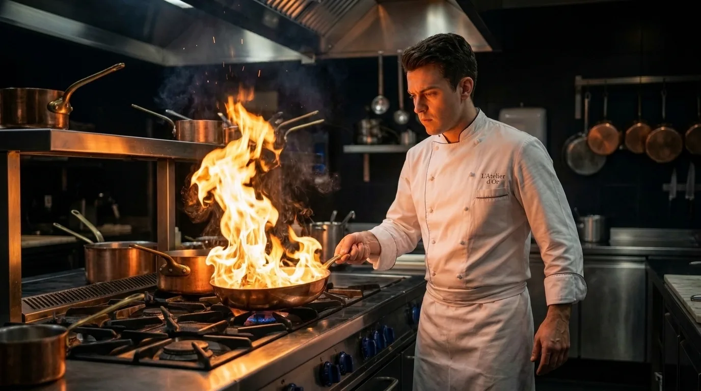 Un cuisinier flambant dans une poêle en cuivre au-dessus du piano
