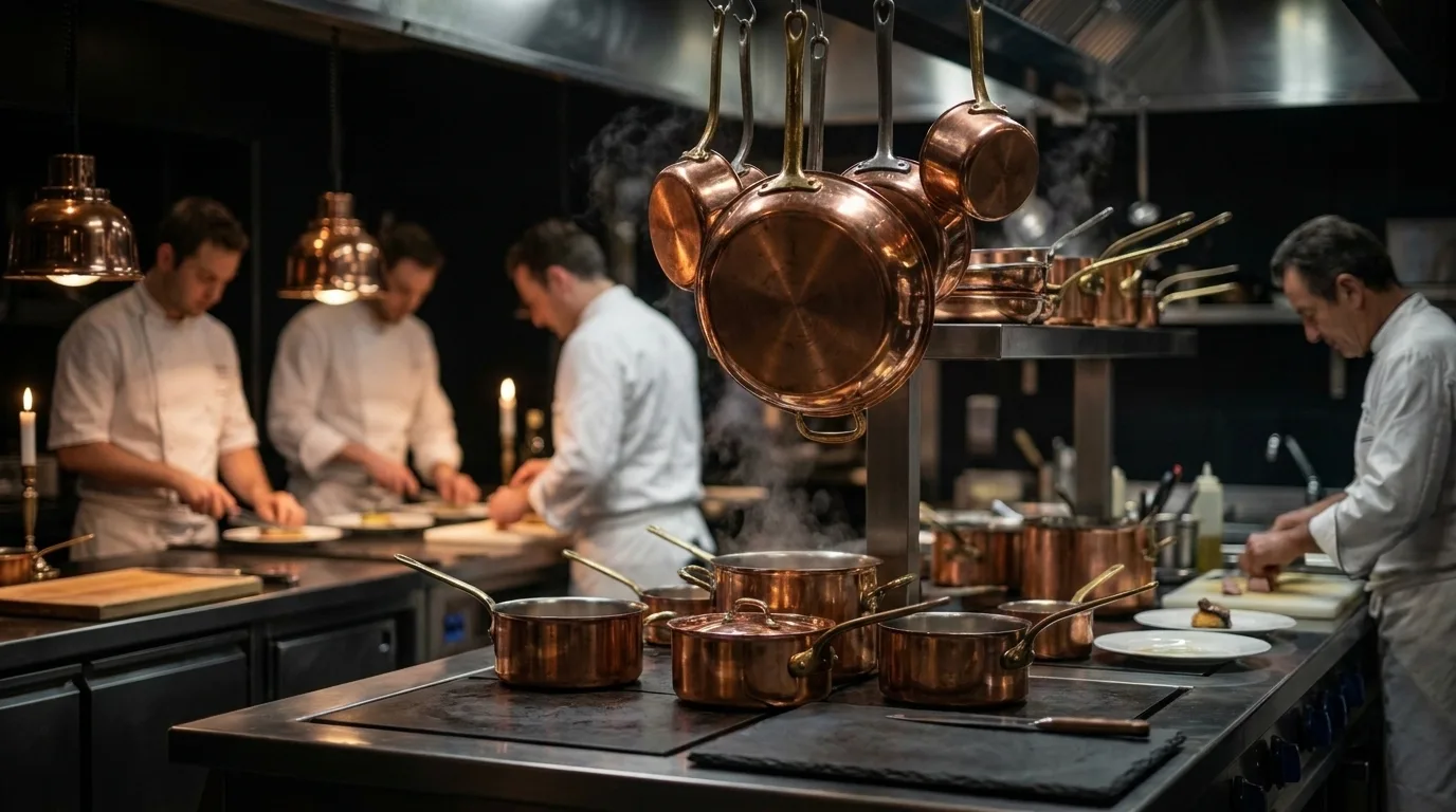 La brigade au travail sous les casseroles de cuivre suspendues