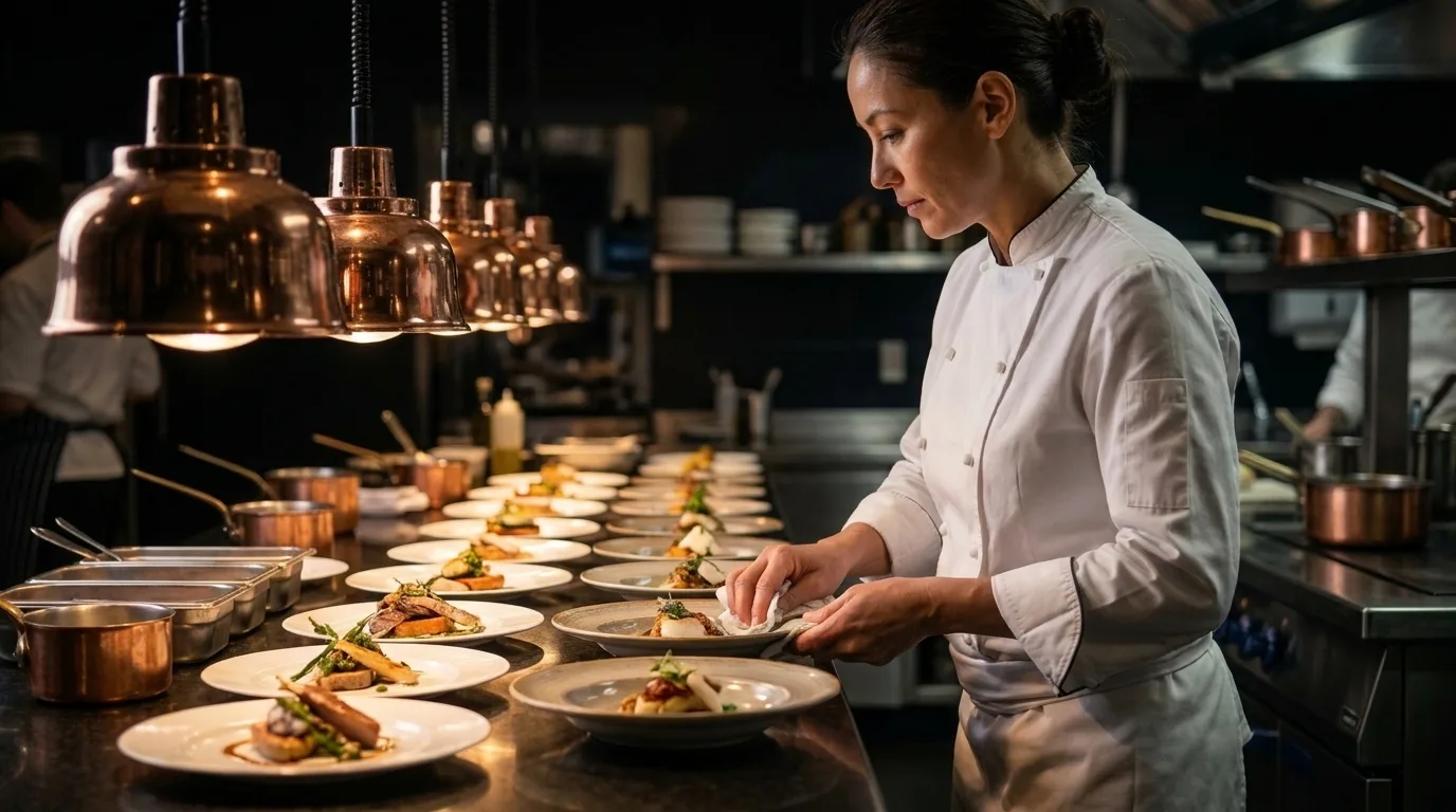 Un chef terminant les assiettes au passe sous les lampes de cuivre