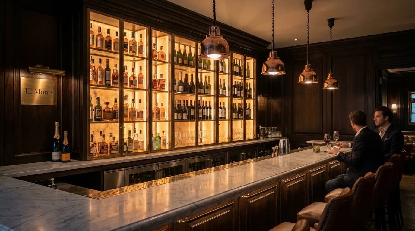 Le bar de marbre et son cabinet à bouteilles rétroéclairé