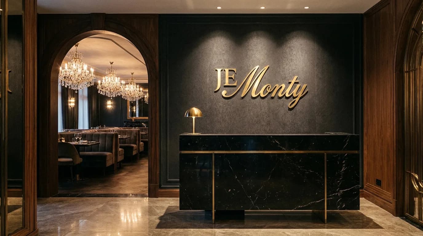 Le vestibule avec les lettres dorées JEMonty et les lustres derrière l'arche
